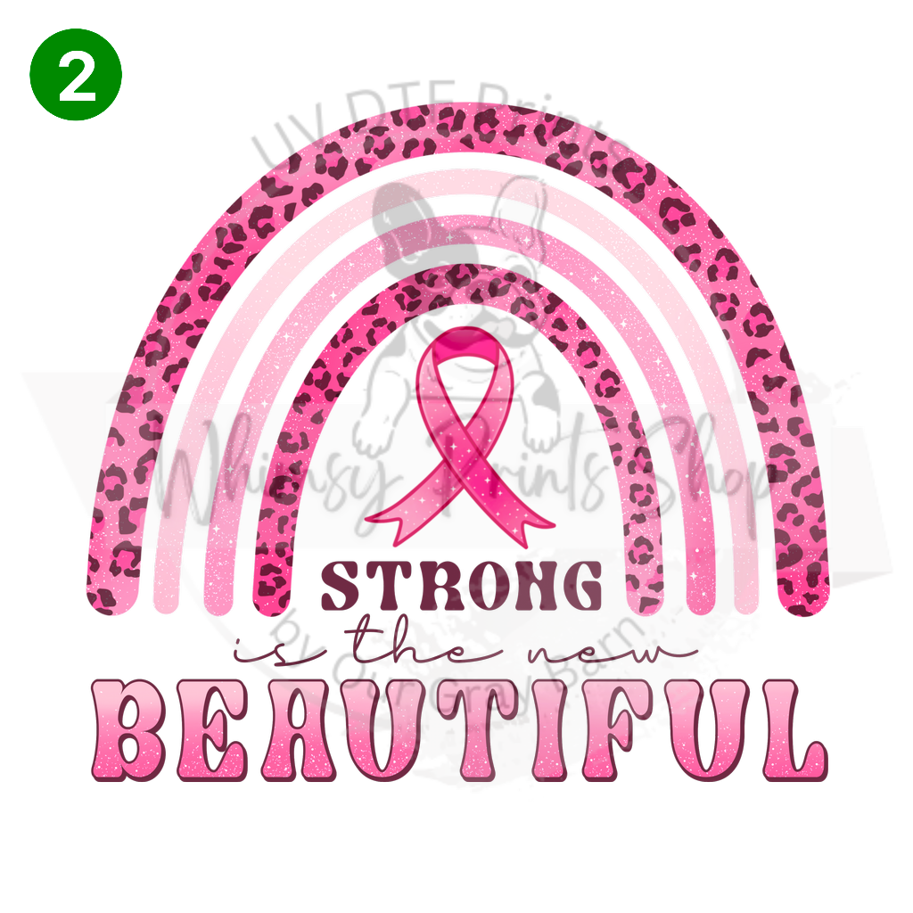 a pink ribbon and leopard print with the words strong is the new beautiful