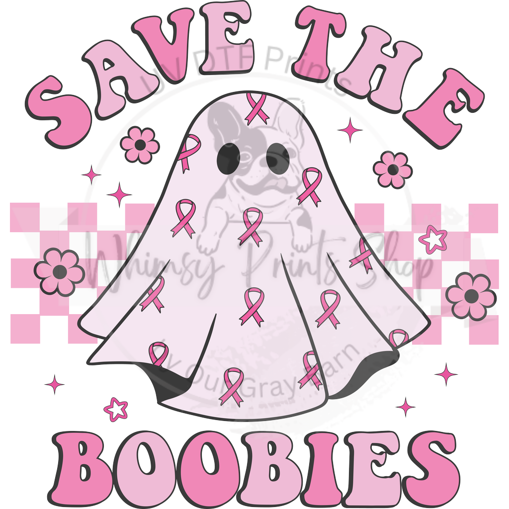 a ghost with pink ribbon and stars on it says save the booies