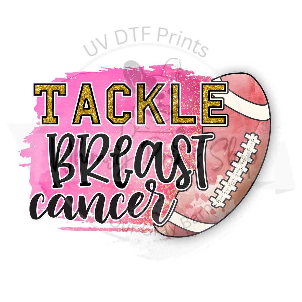 a football with the words tackle breast cancer