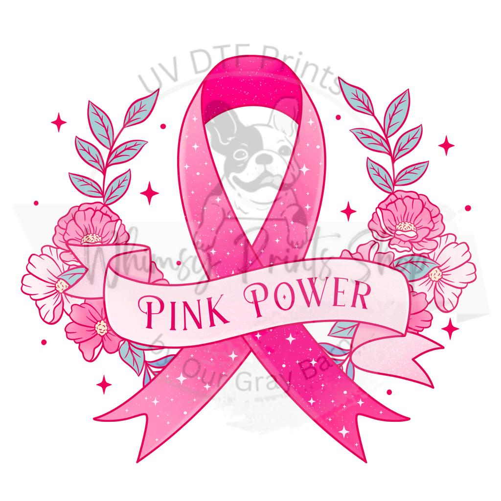 a pink ribbon with flowers and stars around it