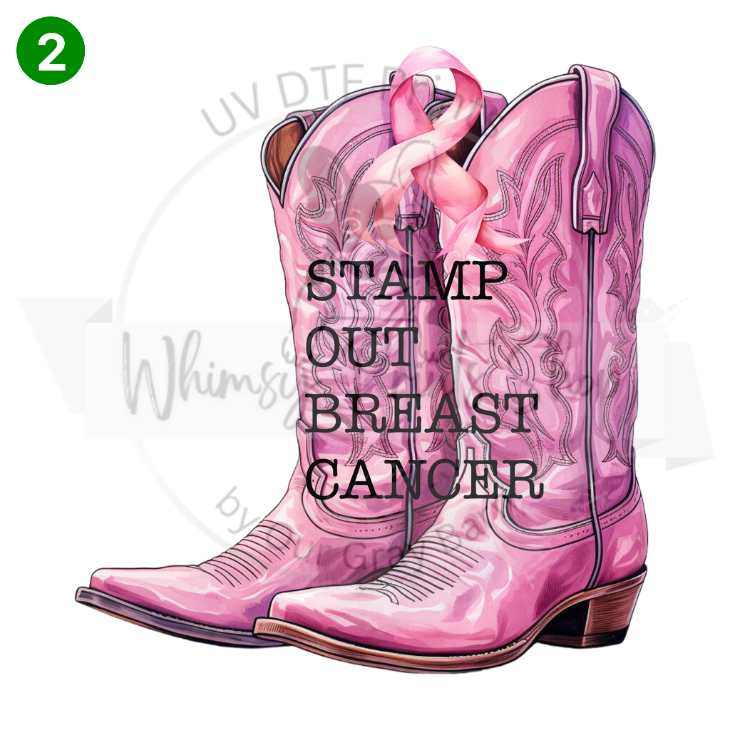 a pair of pink cowboy boots with the words stamp out breast cancer