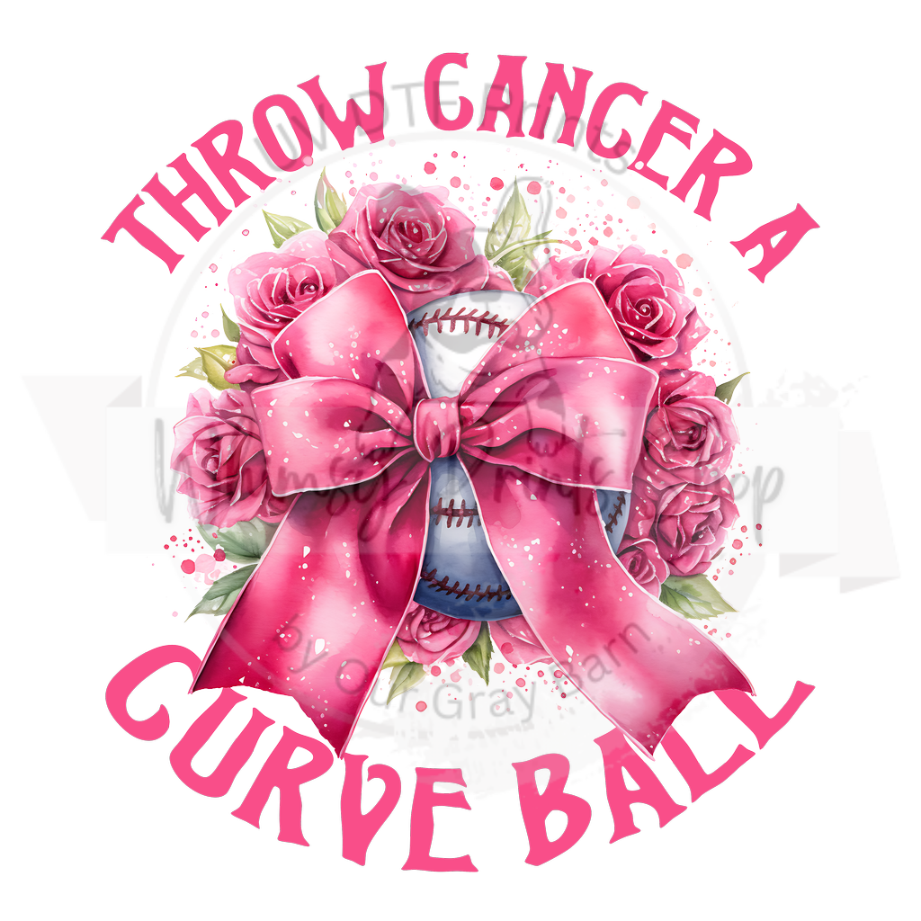 a pink ribbon with roses on it that says throw cancer a curve ball
