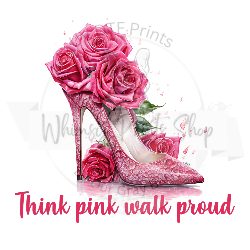 a pink high heeled shoe with roses on it