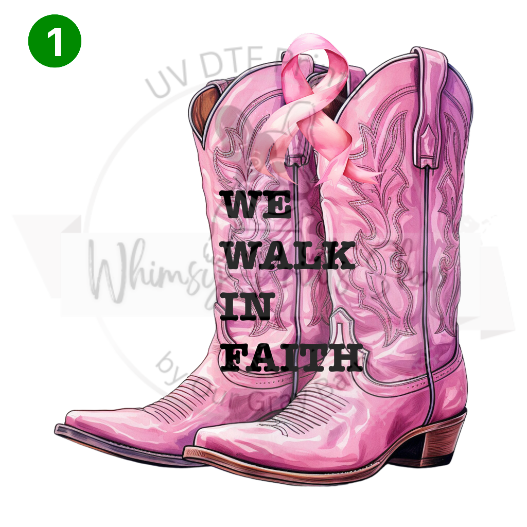 a pair of pink cowboy boots with the words, we walk in faith