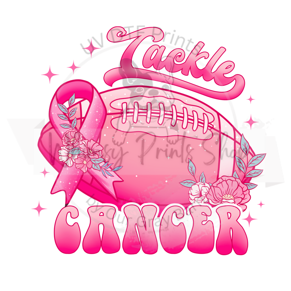 a pink ribbon with a football and flowers on it