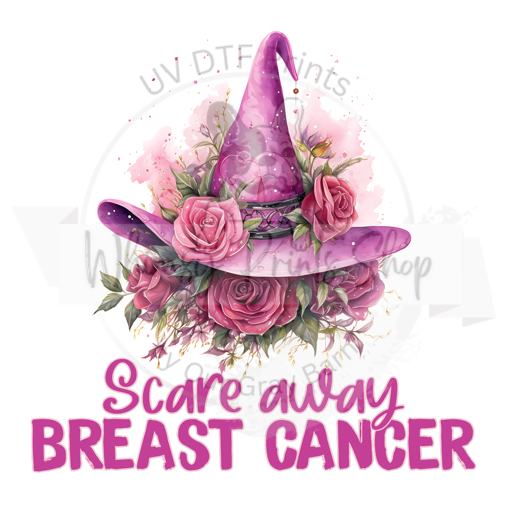 a pink hat with roses on it that says, scare away breast cancer