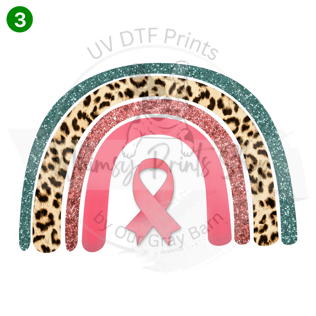 a leopard print with a pink ribbon on it