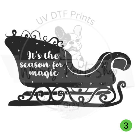 a black and white silhouette of a sleigh with the words it's