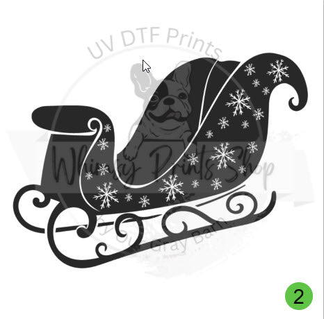 a black and white silhouette of a sleigh with snowflakes