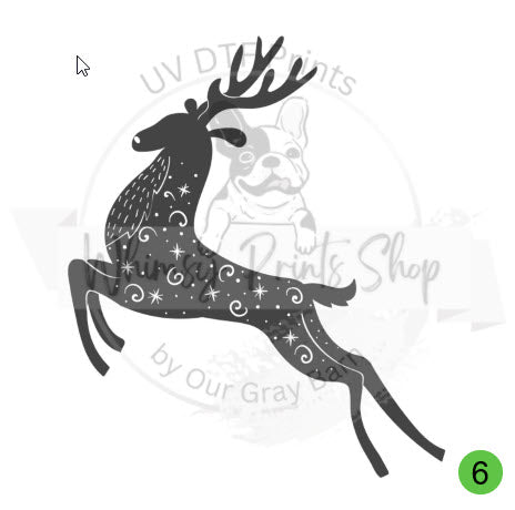 a black and white image of a deer with stars on it