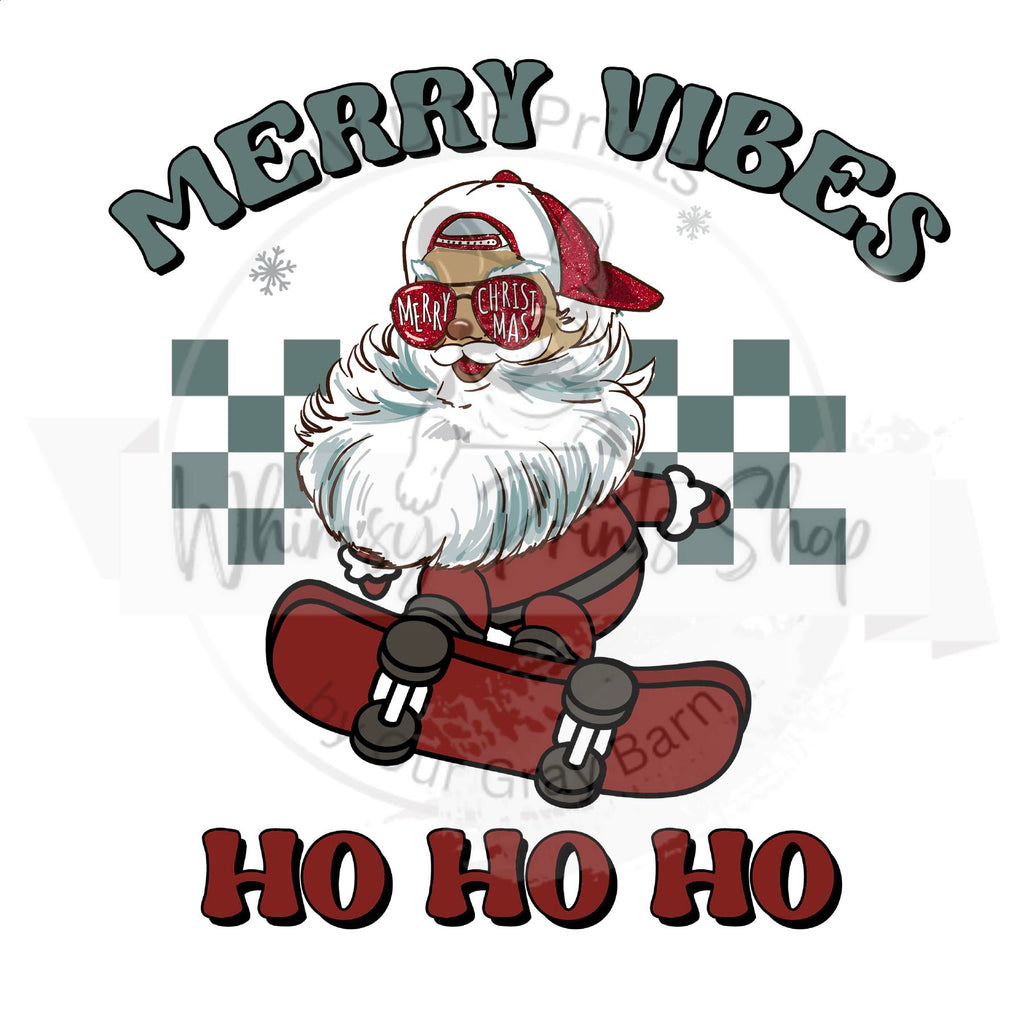 a santa clause riding a skateboard with merry vibes on it