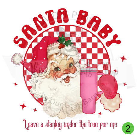 a santa clause holding a pink stanley cup with the words santa baby on it