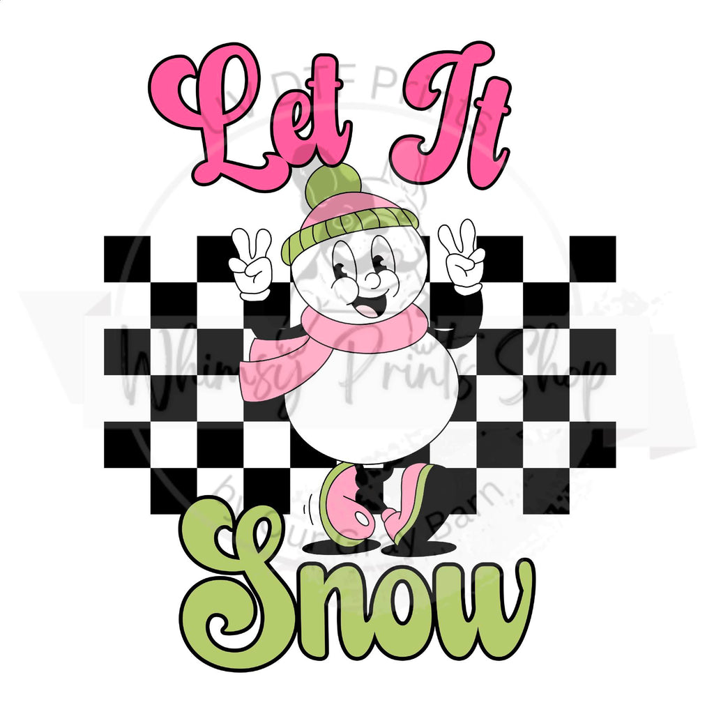 a snowman wearing a hat and scarf with the words let it snow