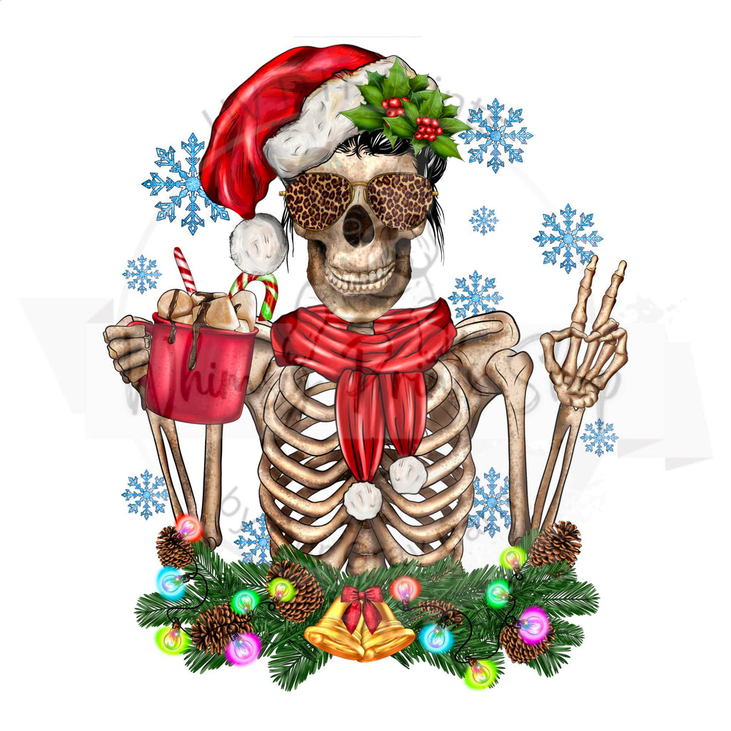 a skeleton wearing a santa hat and holding a cup